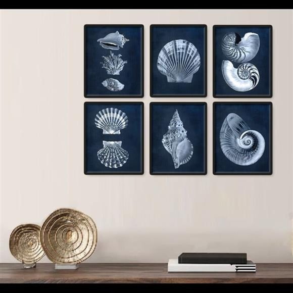 Seashells Navy Blue Nautical Ocean Beach Wall Art Decor Set of 6 Prints - Picture 1 of 8